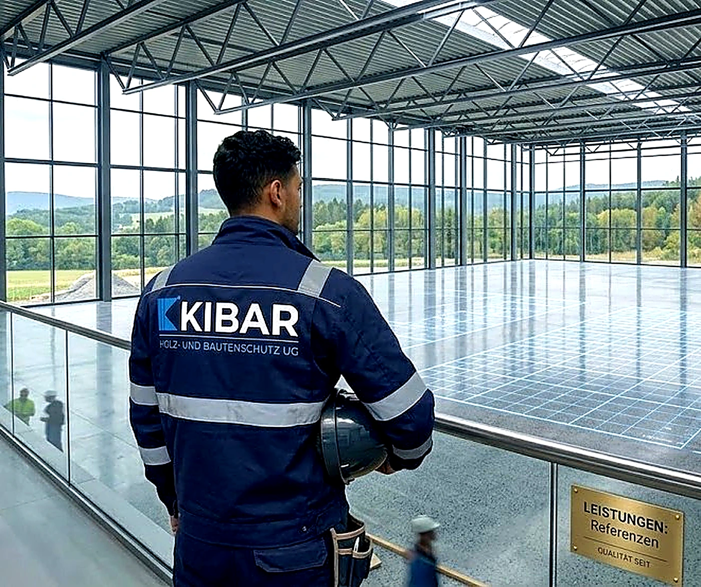 Kibar-Mitarbeiter blickt stolz auf die fertige Industriehalle